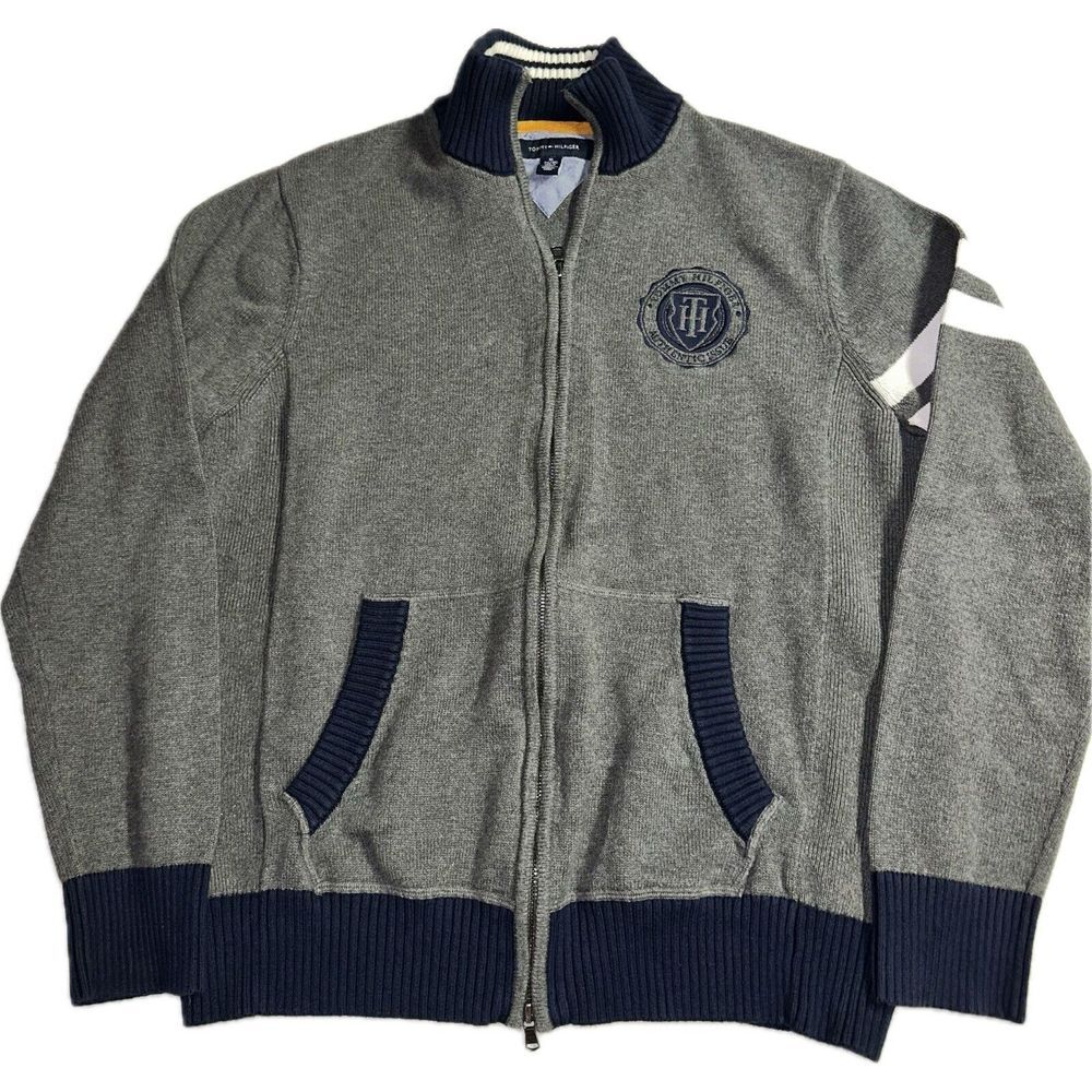 TOMMY HILFIGER‎ KNIT SWEATER VARSITY JACKET FULL ZIP DARK-GRAY/NAVY MEN'S XL